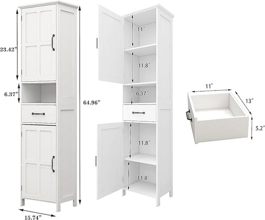 Tall Bathroom Storage Cabinet, White Bathroom Cabinets Freestanding, Narrow Storage Cabinet w/Adjustable Shelves for Home, Kitchen, Versatile, Anti-Tipping