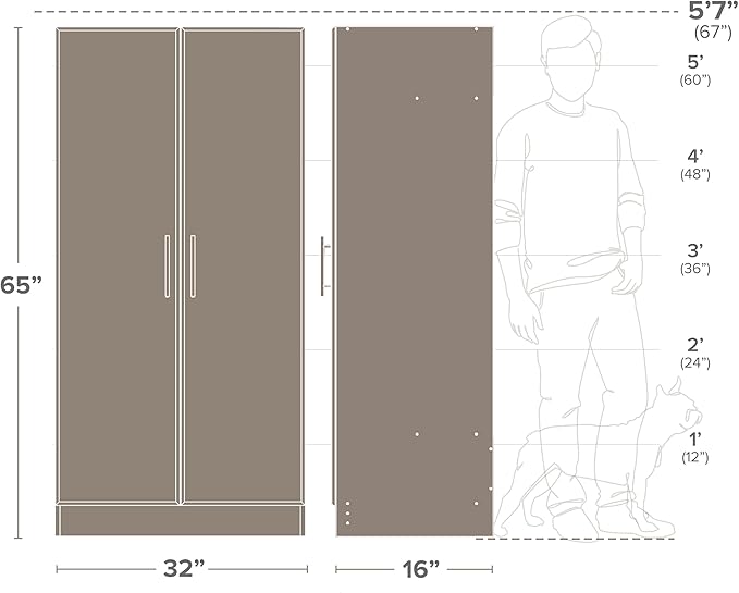 Prepac Elite Tall Garage Storage Cabinet & Pantry Storage Cupboard, 2-Door Freestanding Bathroom or Pantry Cabinet with Adjustable Shelves, 16" D x 32" W x 65" H, Drifted Gray
