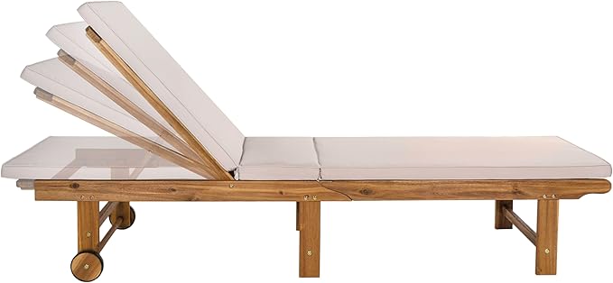 JONATHAN Y LNG1102A Mallorca 77.17"x23.62" Modern Classic Foldable Adjustable Wood Chaise Outdoor Lounge Chair with Cushion & Wheels, for Pool, Deck, Poolside, Beige/Natural