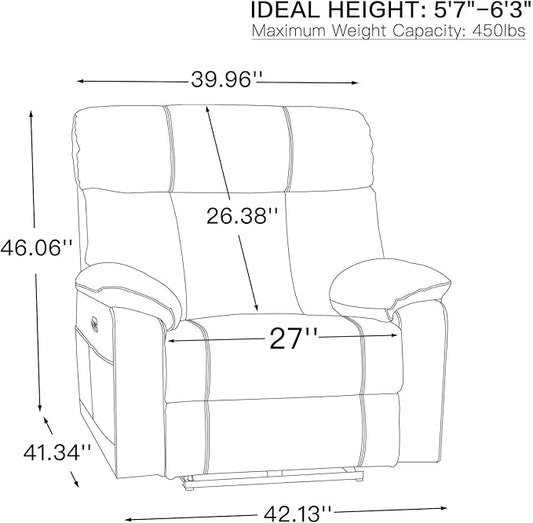 AEDI 450lbs Genuine Leather Power Recliner Chair for Big and Tall Adults Oversized Electric Reclining Sofa for Living Room,Extra Wide 27" Seat,USB Charging(Top Grain Leather,Light Gray)