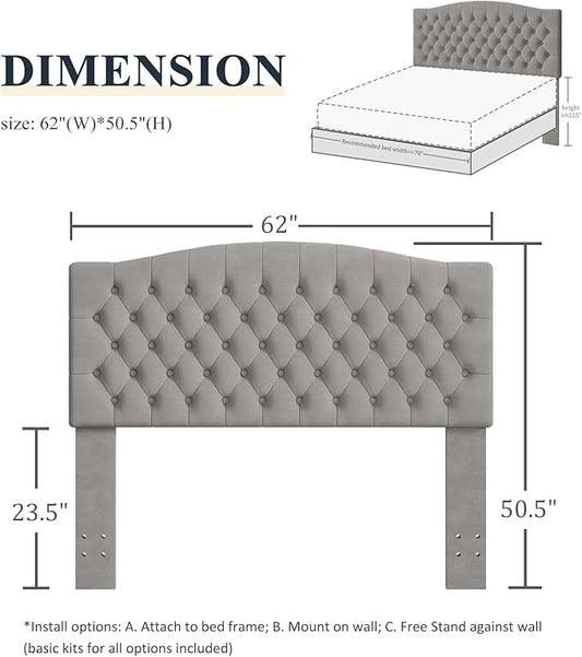Queen Headboard Only, Upholstered Headboard for Adjustable Bed Velvet Tufted Queen/Full Size Wall Mounted Head Board with Solid Wood Legs Head Board, Gray