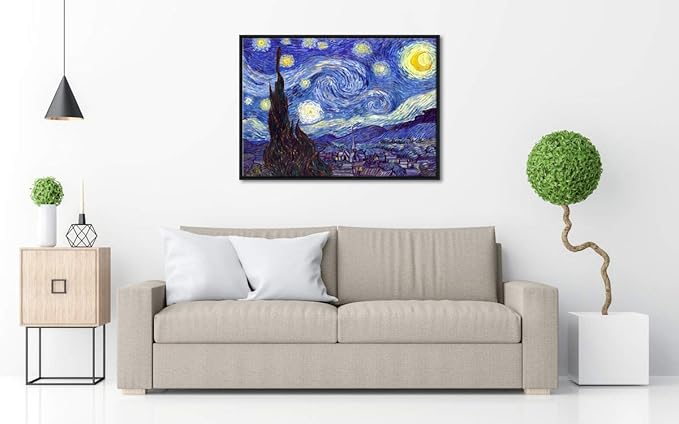 Wieco Art Framed Art Canvas Prints of Starry Night by Vincent Van Gogh Paintings Reproduction Post-Impressionism Artwork Framed Wall Art for Living Room Home Decorations Black