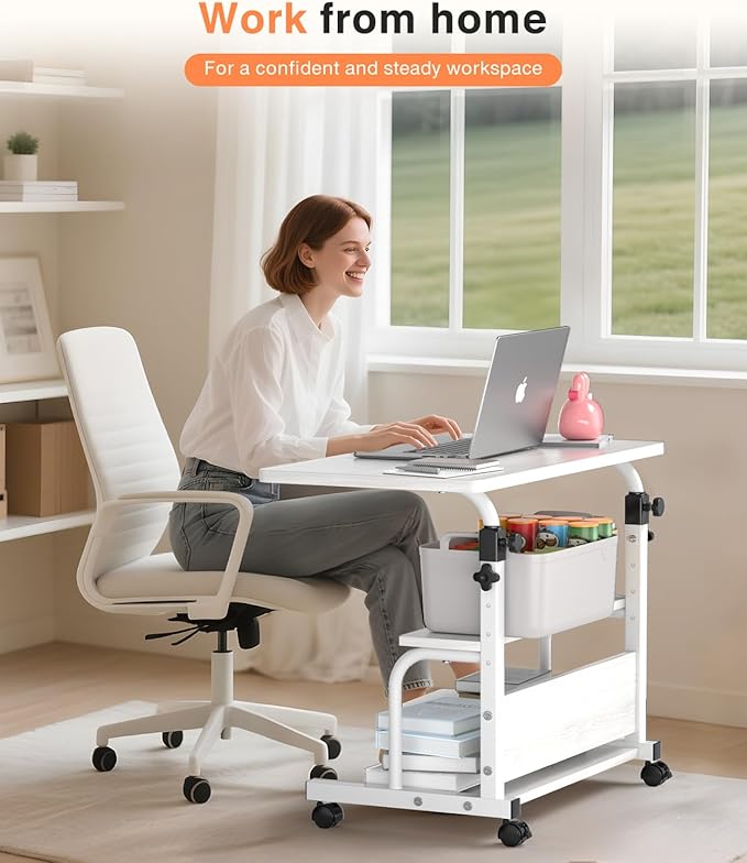 Portable Desk with Wheels Small Standing Desk on Wheels Adjustable Height Rolling Desks for Small Spaces, 32" Computer Desks with Storage Shelves for Home Office Study White