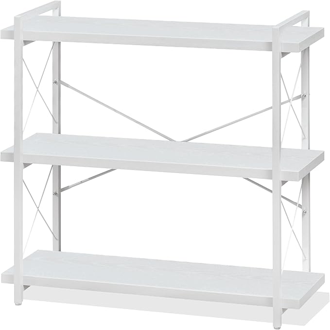 HCHQHS Bookshelf, 3-Tier Industrial Bookcase, White Open Book Shelf, Freestanding Horizontal Bookshelves with Metal Frame