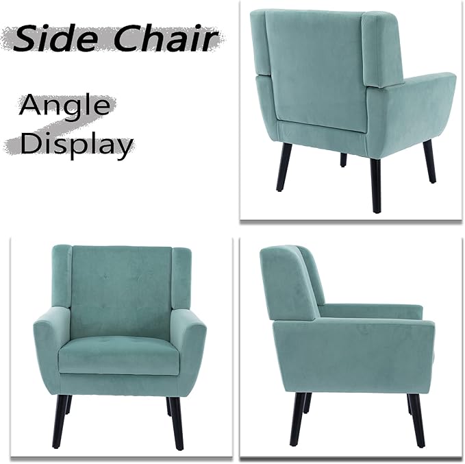 Dolonm Midcentury Modern Velvet Accent Chair with Arms, Upholstered Reading Side Chair Tufted Back Decorative Wingback Chair for Living Room Bedroom (Mint Green)