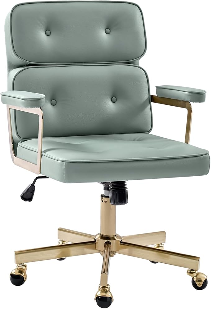 HULALA HOME Faux Leather Office Desk Chair with Golden Metal Legs, Comfy Upholstered Computer Chair with Tufted Backrest & Thick-Cushion Padded Armrest, Height Adjustable and 360°Swivel, Sage
