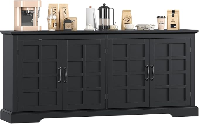 70" Sideboard Buffet Cabinet with Storage, Coffee Bar Cabinet with and 4 Doors, Long Wider Storage Cabinet Modern Farmhouse, Black Wood, for Kitchen, Dining Room, Living Room