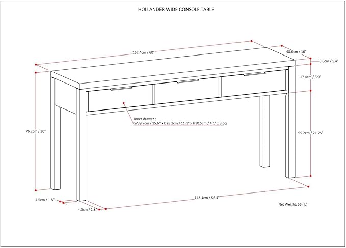 SIMPLIHOME Hollander Console Table - 60 Inch Wide Solid Wood Sofa Table in Warm Walnut Brown, Contemporary Storage Table for Entryway or Living Room with 3 Drawers and Sleek Metal Hardware