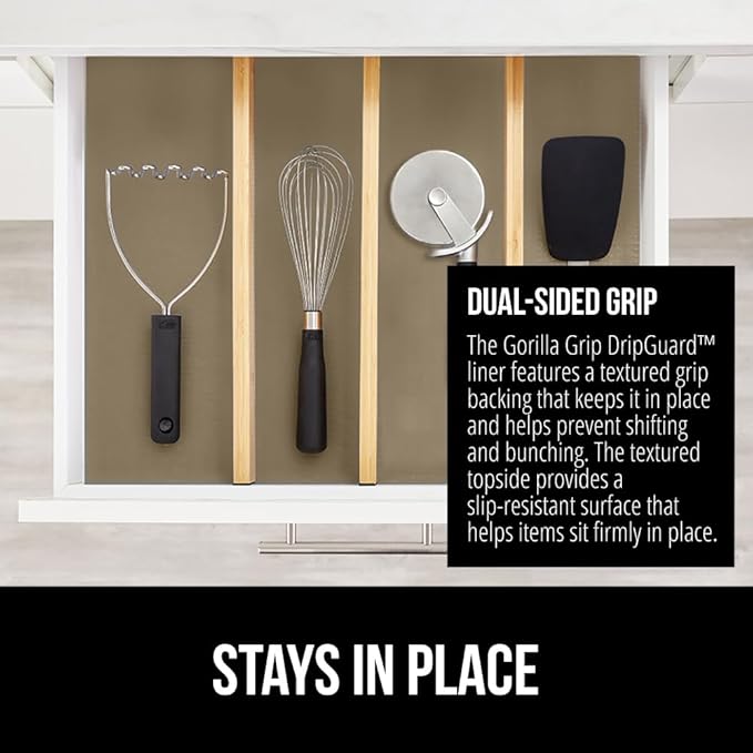 GORILLA GRIP DripGuard Shelf Liner, Non Adhesive Drawer and Kitchen Cabinet Protector, Slip Resistant BPA Free Smooth Surface Plastic Liners for Cabinets, Bathrooms, Closets, 12x240 Inch, Beige