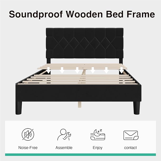 Novilla Queen Bed Frame with Headboard, Bed Frame Queen Size with Wood Slats Support, Velvet Upholstered Pull-Point Headboard, No Box Spring Needed, Heavy Duty Feet, Easy Assembly, Black Velvet
