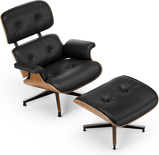 Top Black Grain Leather, Mid Century Chaise Lounge Chair and Ottoman, Modern Chair Classic Design, Walnut Wood, Heavy Duty Base Support for Living Room Office