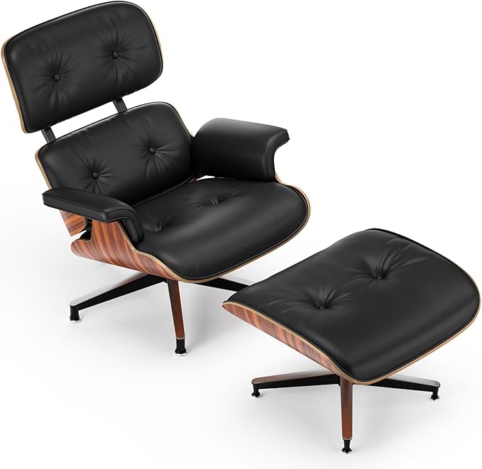 Top Black Grain Leather, Mid Century Chaise Lounge Chair and Ottoman, Modern Chair Classic Design, Palisander Wood, Heavy Duty Base Support for Living Room Office Study