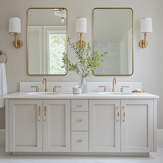 ANDY STAR Bathroom Mirror for Wall, 24x40 Inch Gold Rectangle Mirror for Bathroom with Rounded Corner, Modern Brushed Brass Vanity Rectangular Mirrors with Tube Metal Frame, Explosion-Proof Film