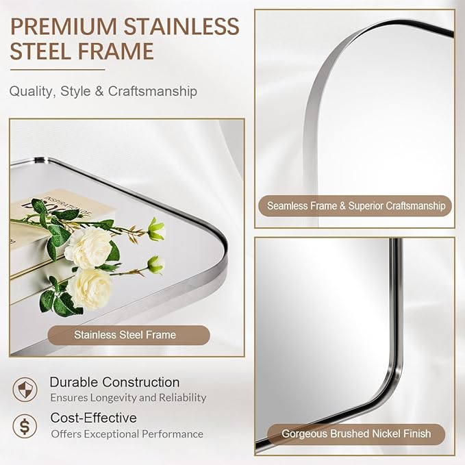 ANDY STAR Arched Mantel Large Wall Mirror, 30x36 Brushed Nickel Stainless Steel Framed Arch Mirror Wall-Mounted for Wall Decor Living Room, Bathroom, Bedroom, Entryway & Fireplace Mantel