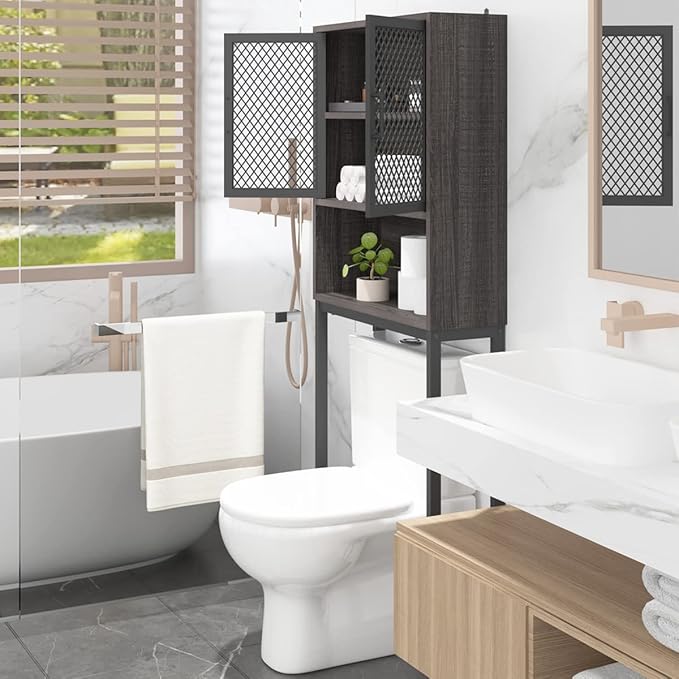 Launica Over The Toilet Storage Cabinet, Industrial Bathroom Organizer Above Toilet, Bathrooms Space Saver Stand with Shelf, Wood and Metal Freestanding Bathrooms Rack Behind The Toilet, Dark Gray Oak