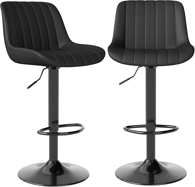 Youhauchair Bar Stools Set of 2, Swivel Counter Height Barstools with Back, Adjustable PU Leather Bar Chairs, Modern Armless Kitchen Island Stool, Black