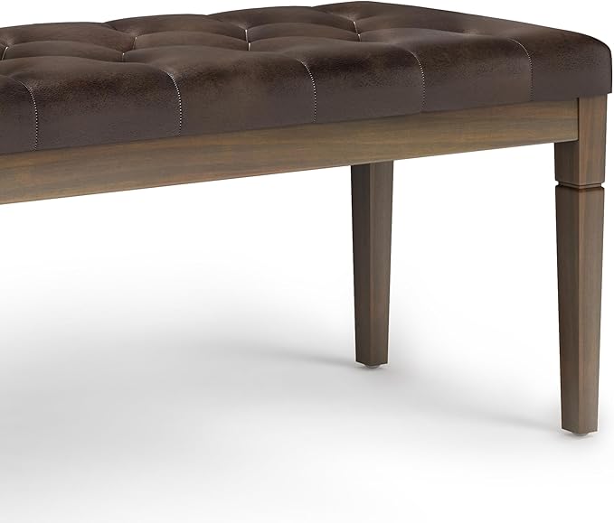 SIMPLIHOME Waverly 48 inch Wide Traditional Rectangle Tufted Ottoman Bench in Distressed Brown Vegan Faux Leather, Assembled, For the Living Room and Bedroom