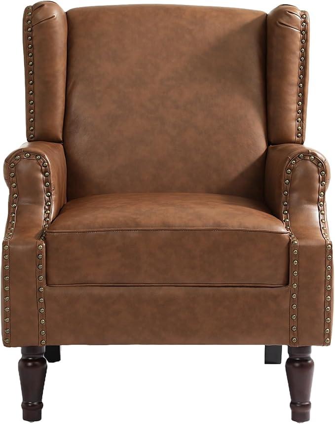 UIXE PU Leather High Back Accent Chairs Set of 2, Upholstered Armchair for Living Room, Retro Wingback Arm Chair Nailhead Trim Single Sofa Bedroom Reading Seat - Brown