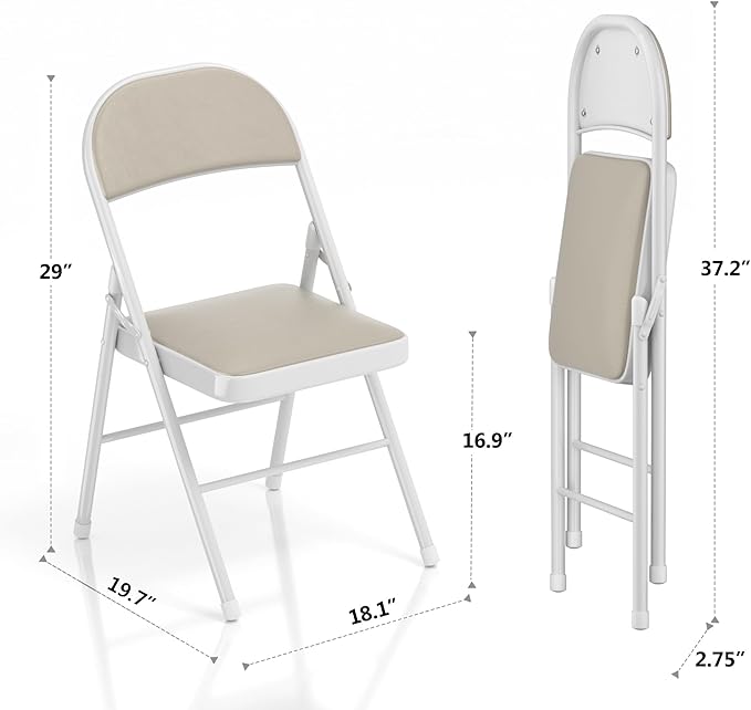 VECELO 4-Pack Folding Chairs Portable Metal with Ultra Soft PU Padded Cushion Seats for Home Office, Beige