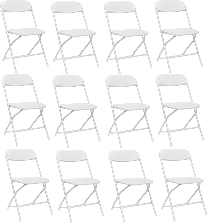 12 Pack White Plastic Folding Chairs, Portable Party Chairs, Stackable Commercial Seats with Steel Frame for Home Office Wedding Party Indoor Outdoor Events Chairs, 350lbs Capacity
