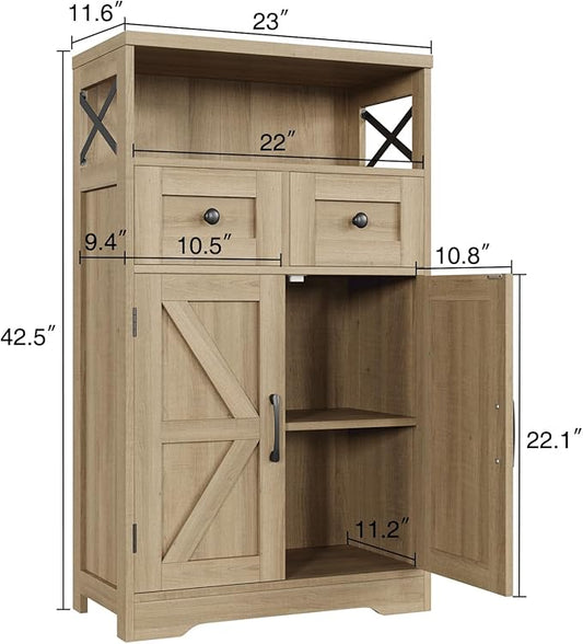 Natural Storage Cabinet with Doors and Shelves, Standing Kitchen Pantry Cabinet, Floor Storage Hutch Cupboard, Coffee Bar Station for Dining, Living Room, Home Office