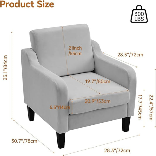 Accent Chair for Living Room, Modern Velvet Living Room Chairs with Wide Backrest, Upholstered Comfy Chair with Cushion, Oversized Sofa Chair with Wood, Single Armchair for Bedroom, Grey
