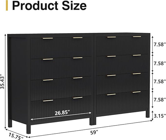 4 Drawer Double Dressers for Bedroom with Waveform Fluted Panel Design, Modern Wide Chest of Drawers,Wood Storage Dresser Chest of Drawers for Bedroom Living Room Hallway Closet, Black 2 Sets