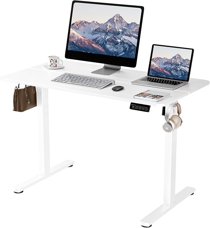 ERGOMAKER Electric Standing Desk, 43.3" x 23.6" Height Adjustable Sit Stand Desk with Splice Board for Home Office, Computer Desk Memory Preset (White Frame, White Desktop)