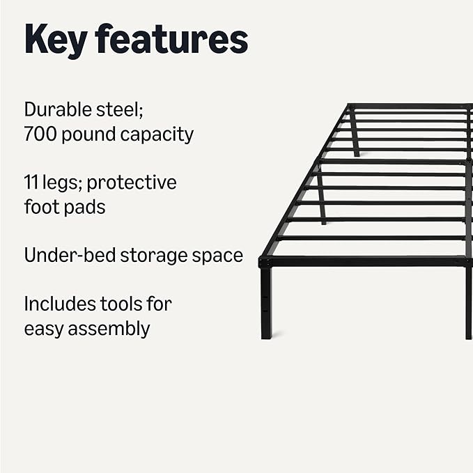 Amazon Basics-Metal Bed Frame, Non-Foldable Platform Bed, Easy Assembly, Queen, 60W x 80L in, Black