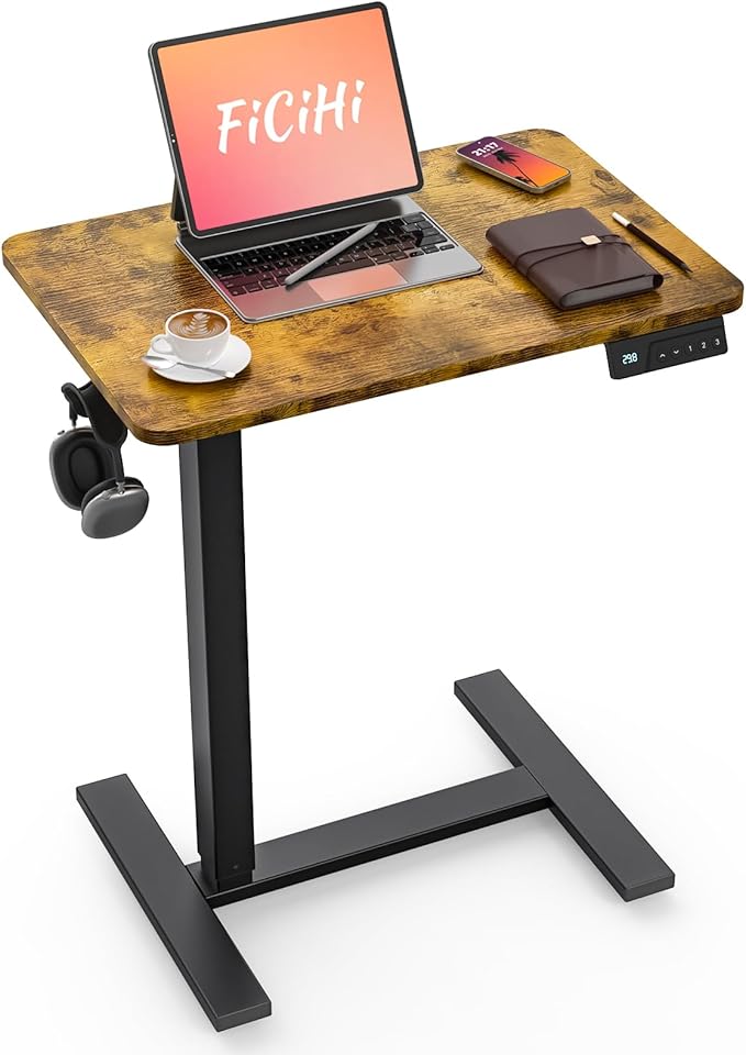 FiCiHi Small Electric Standing Desk - Adjustable Height Bedside Laptop Table with Wheels, Mobile, Portable Rolling Computer Cart,Movable, Home Office, Sofa, Couch Use(24x16,Rustic Brown)