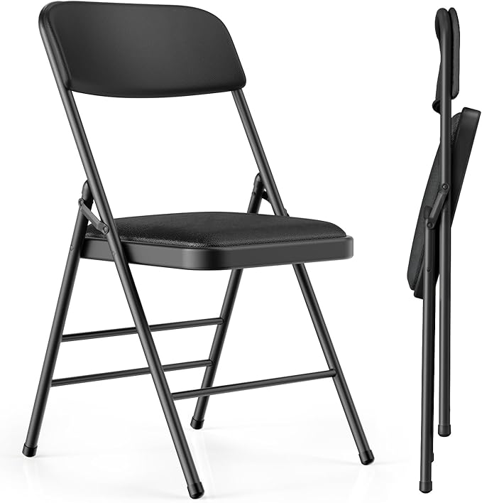Commercial Grade Folding Chair with Padded Fabric Cushion(16"X16" |Double-hinged Legs Luxury Style|4.5kg Capacity Max Weight 150Kg for Home and Office,Indoor and Outdoor Events (2, PU-Black)