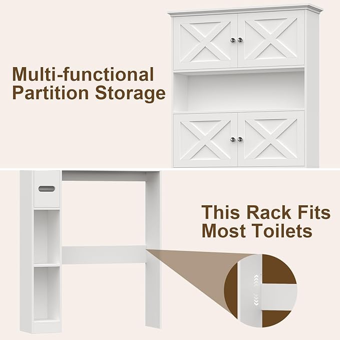 Over The Toilet Storage Cabinet, Farmhouse Storage Cabinet Over Toilet with 4 Barn Doors & Toilet Paper Holder Stand, White Toilet Shelf Home Space Saver for Restroom, Bathroom, Laundry