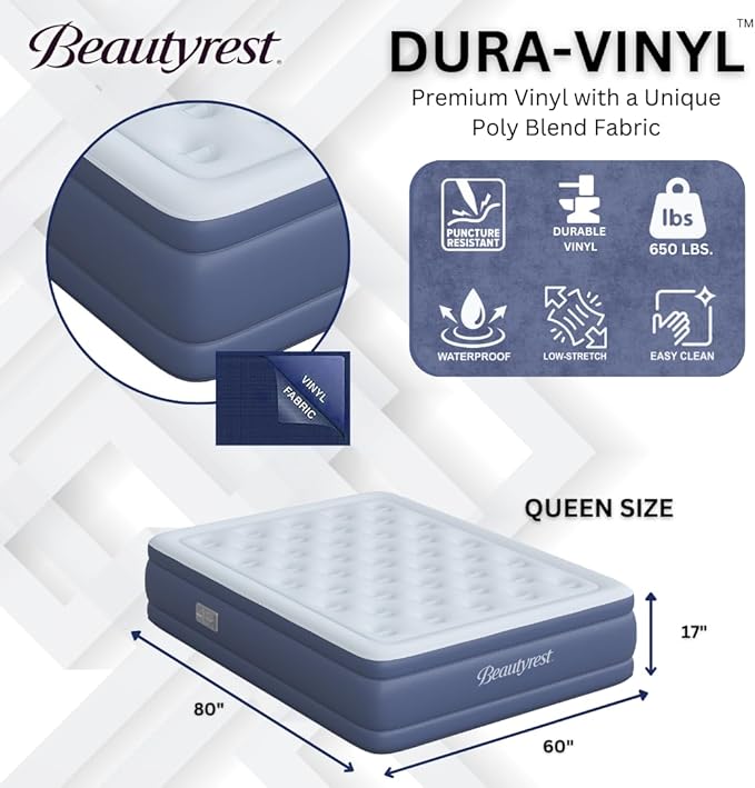 Beautyrest Supreme Air, Queen Size Air Mattress with Built-in Pump, Raised Inflatable Bed for Adults, Puncture-Resistant Vinyl, Auto Shut-Off, 650lb Support, Guest Bed, Camping Airbed, 3-Year Warranty