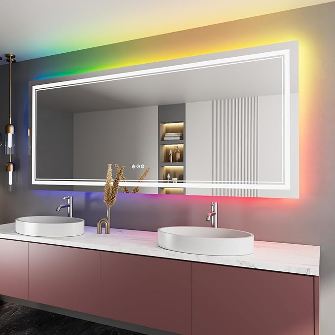 88x38 Inch RGB LED Bathroom Mirror with Lights, Color Changing RGB Backlit LED Mirror for Bathroom,Lighted Vanity Mirrors for Bathroom Wall, Dimmable, Anti-Fog (RGB Backlit+Front-Lit)