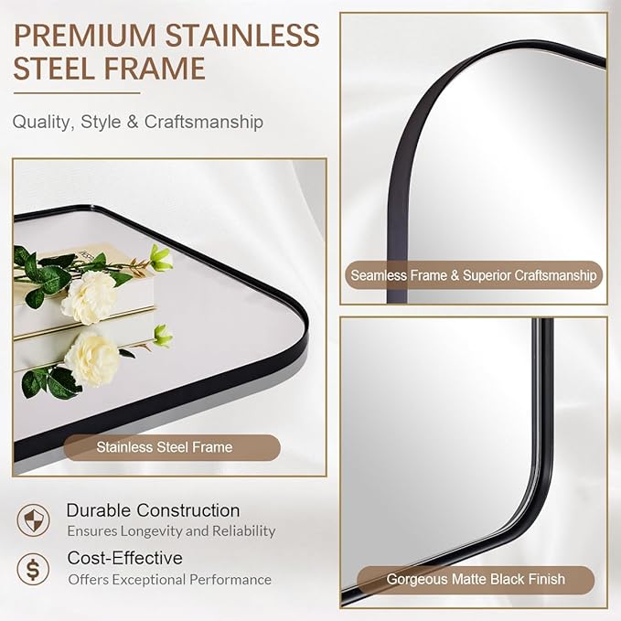ANDY STAR Black Arched Mantel Large Wall Mirror 30x36, Matte Black Stainless Steel Frame, Arch Mirror with Soft Curved Corner for Bathroom, Entryway, Fireplace Mantel, Bedroom & Living Room Wall Decor