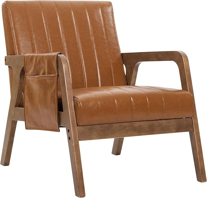 EROMMY Mid Century Modern Leather Accent Chair with Wood Frame, Faux Leather Accent Armchair with Storage Bag,Pu Living Room Accent Chair for Reading, Bedroom,Deep Brown