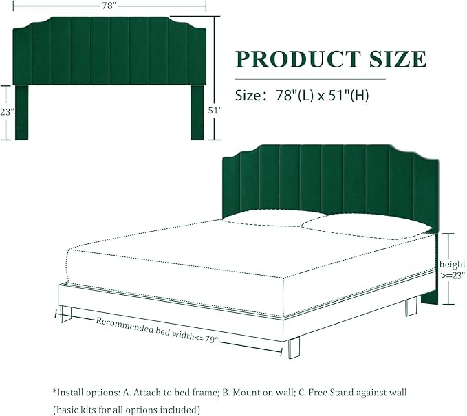 King Size Headboard Only, Velvet Wall Mounted Headboard King for Adjustable Bed Modern Upholstered Head Board Easy Assembly, Jade Green
