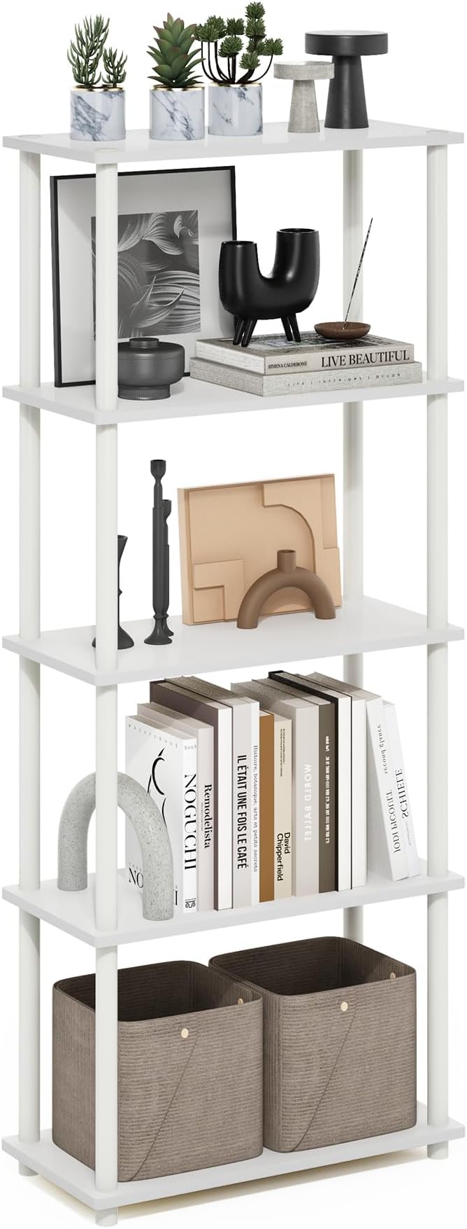 Furinno TURN-N-TUBE Storage Shelves, 5-Tier Book Shelf, Corner Shelf, Toolless Open Shelves, for Organization and Storage, Living Room, Garage, Home Office, White