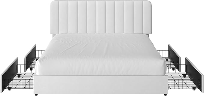 VECELO Full Size Upholstered Bed Frame with 4 Drawers and Headboard, Velvet Platform Storage Bedframe, Wooden Slats Support, No Box Spring Needed,White