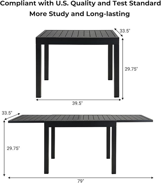 Grand patio 7-Piece Outdoor Dining Set for 6 with 79" Rectangle Expandable Table for 4-6 Person, Metal Woven Wicker Fixed Patio Chairs with Thickened Cushions for Yard, Poolside, Deck (Black)