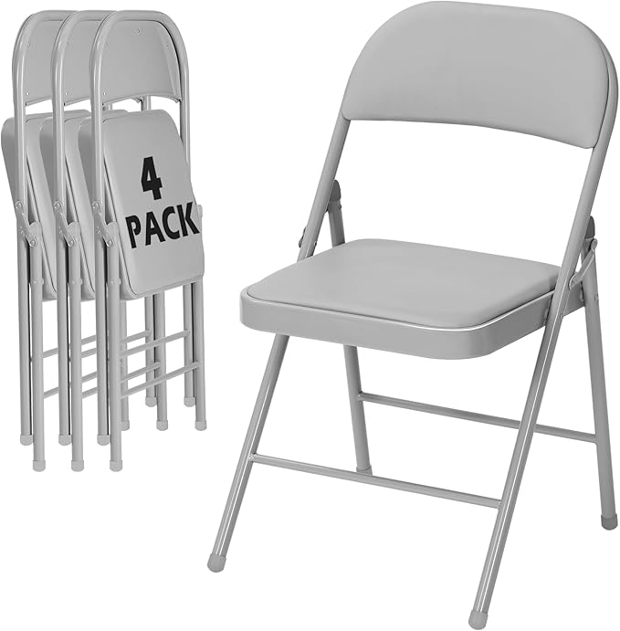 4 Pack Gray Folding Chairs with Padded Cushion for Outside, Portable Stackable Commercial Metal Foldable Chairs with Steel Frame for Home Events Office Wedding Party, 350lbs Capacity