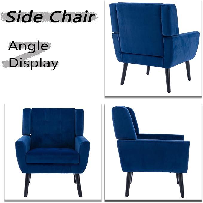Dolonm Midcentury Modern Velvet Accent Chair with Arms, Upholstered Reading Side Chair Tufted Back Decorative Wingback Chair for Living Room Bedroom (Blue - Velvet)