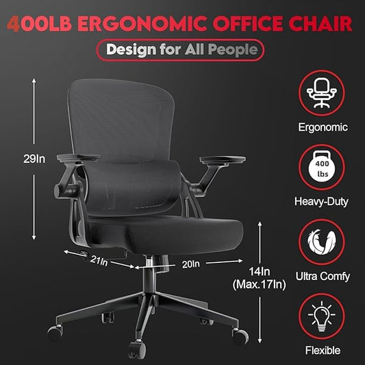 Ergonomic Office Chair - 400LB Comfy Desk Chairs with Adjustable Headrest and Lumbar Back Support, Mesh Computer Chairs with Wheels and Arms for Home Office, Study, Bedroom and Dorm (08black)