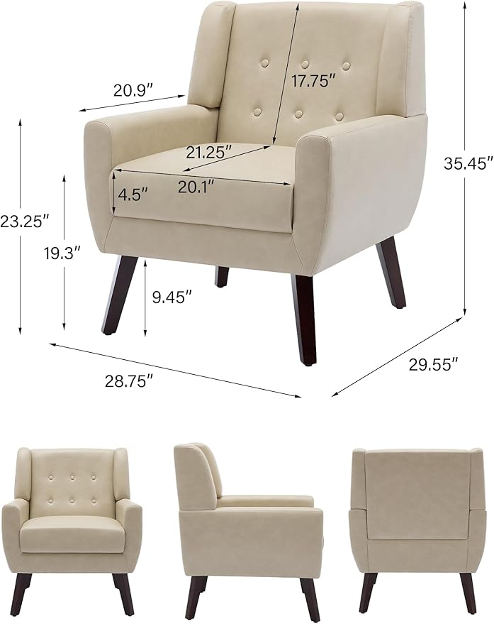 Accent Chair, Mid-Century Modern PU Leather Chairs with Arms for Living Room, Comfy Upholstered Club Single Sofa Armchair for Bedroom Waiting Room with Solid Wood Frame