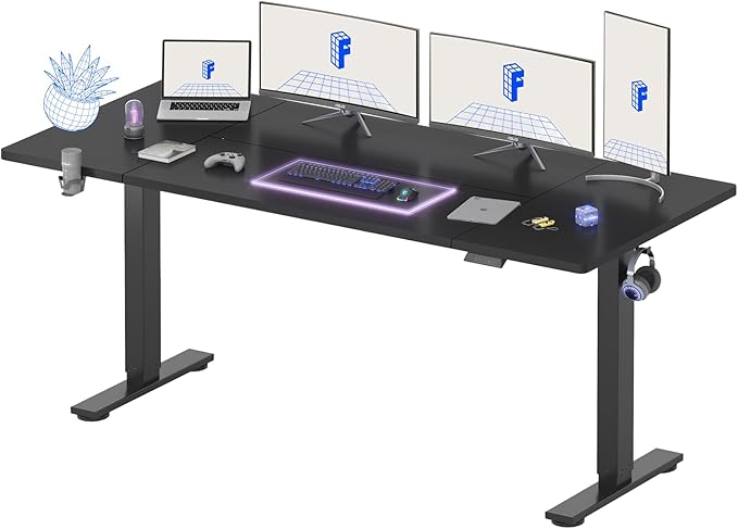 FLEXISPOT 79 x 32 Inch Large Standing Desk, Stand Up Desk with Splice Board, Rising Desks for Home Office, Office Desk with Cup Holder and Headphone Hook (Black Frame + Black Top, 2 Packages)