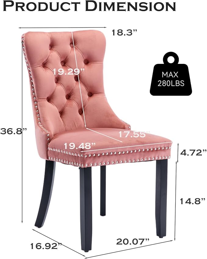 Velvet Upholstered Dining Chairs Set of 8, Modern Style Kitchen Side Chairs with Nailhead Trim and Wood Legs,Metal Pulling Ring for Dining Room Living Room(Pink)