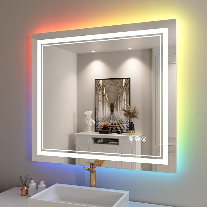 40x38 inch LED Bathroom Mirror with RGB Lights Color Changing Backlit Mirror Shatterproof Dimmable Anti-Fog Lighted Vanity Mirror (RGB Multicolor Backlit + Adjustable Front-Lighted)