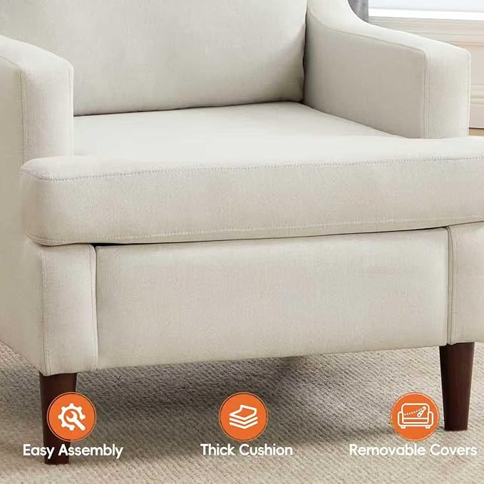 Mid-Century Accent Chair Modern Linen Fabric Armchair for Living Room,Comfy Upholstered Reading Chairs for Bedroom,Single Sofa Chair with Wood Legs (Linen Beige, Set of 1)