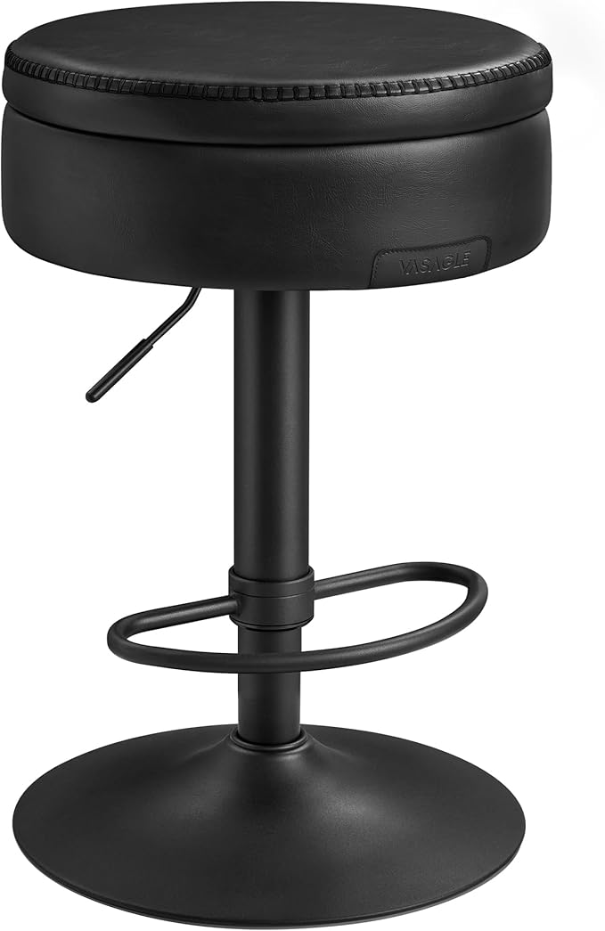 VASAGLE EKHO Collection - 360° Swivel Bar Stool, Height Adjustable Barstool with Storage, Synthetic Leather with Stitching, Mid-Century Modern, Kitchen Bar, Easy Assembly, Ink Black