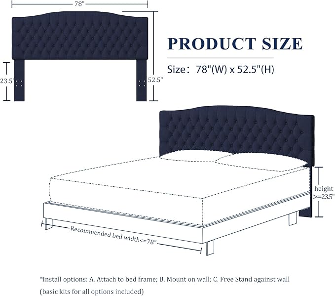 Linen Upholstered Headboard King/Cal King Size Latest Model Wall Mount, Bed Frame Mount, Featuring High-Density Sponge Padding, Luxury Texture Easy Assembly Comfort and Style-Navy Blue